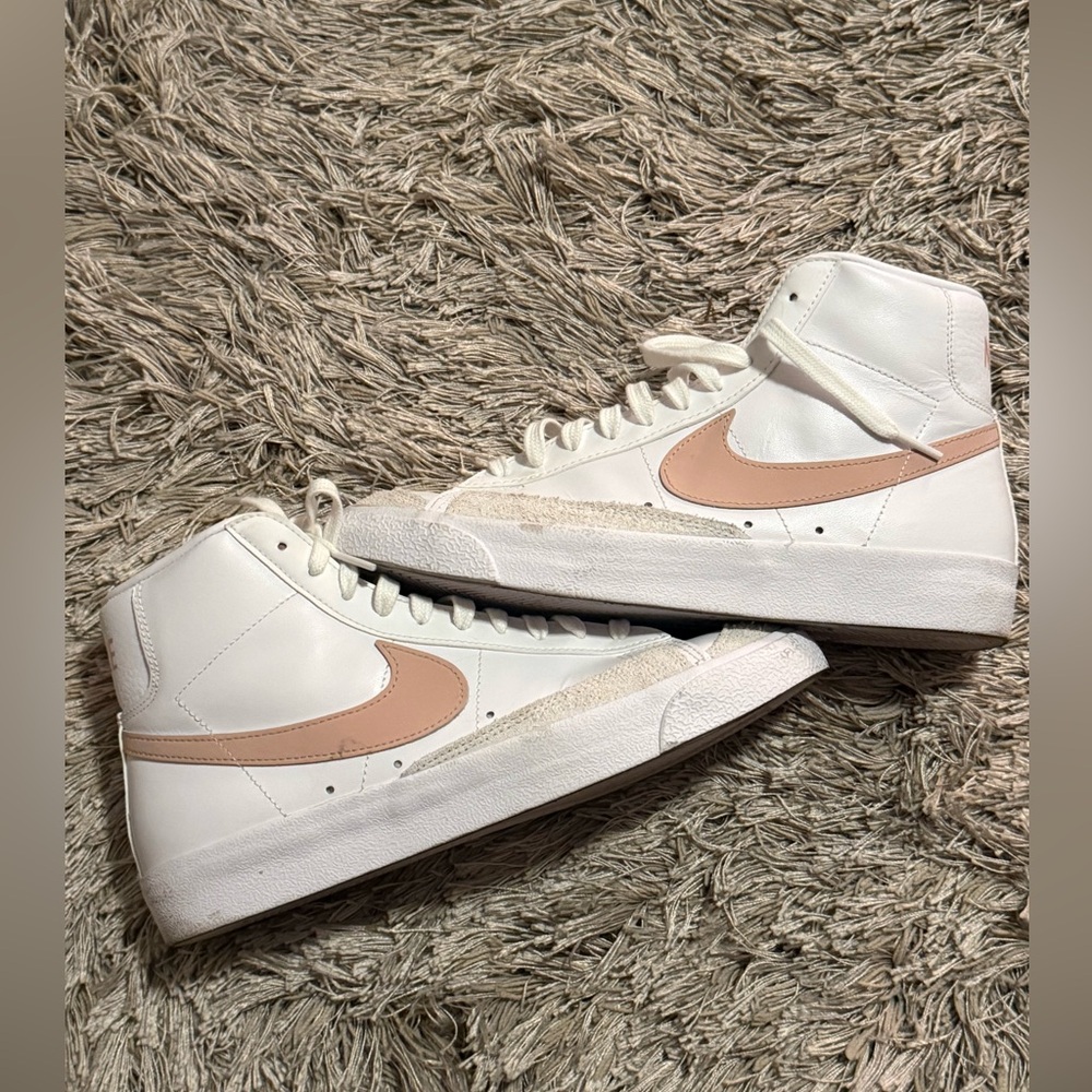 Nike Blazer High-Top Sneakers in White with Blush Swoosh
